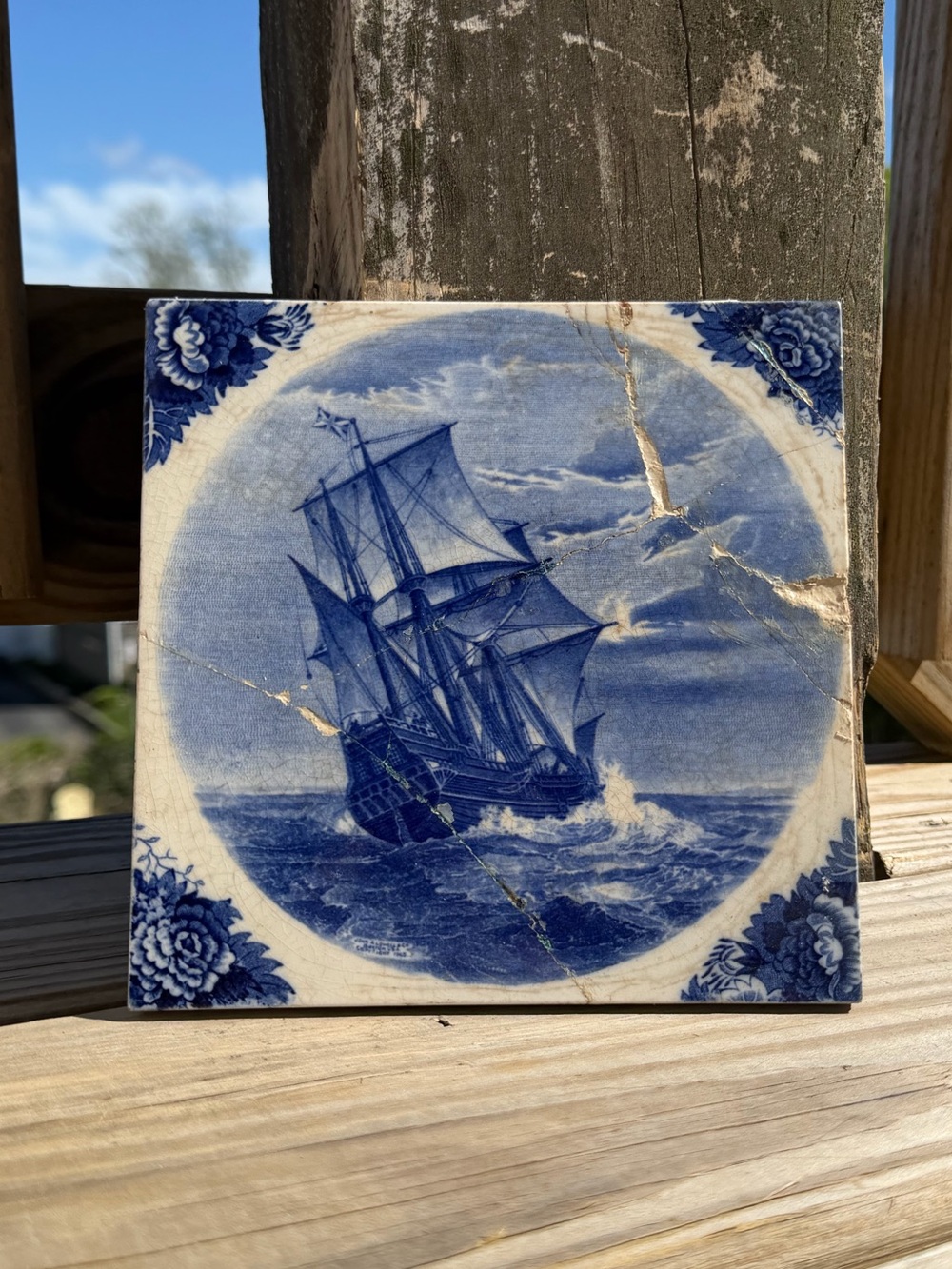 Antique Wedgwood "American Series" Delft Tile - Mayflower Arrival 6” x 6”